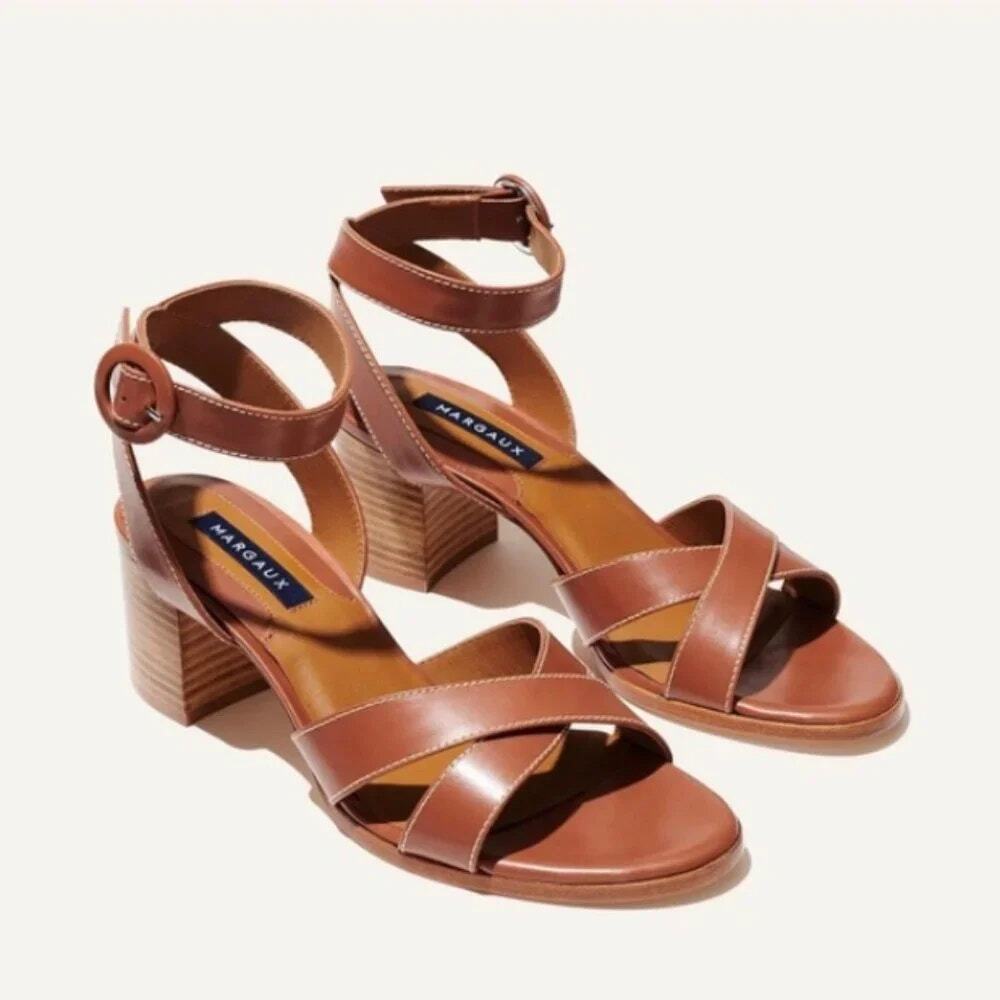 Margaux City Sandal Heels Shoes. Tan Brown Chestnut Leather Straps, 34.5, 4.5